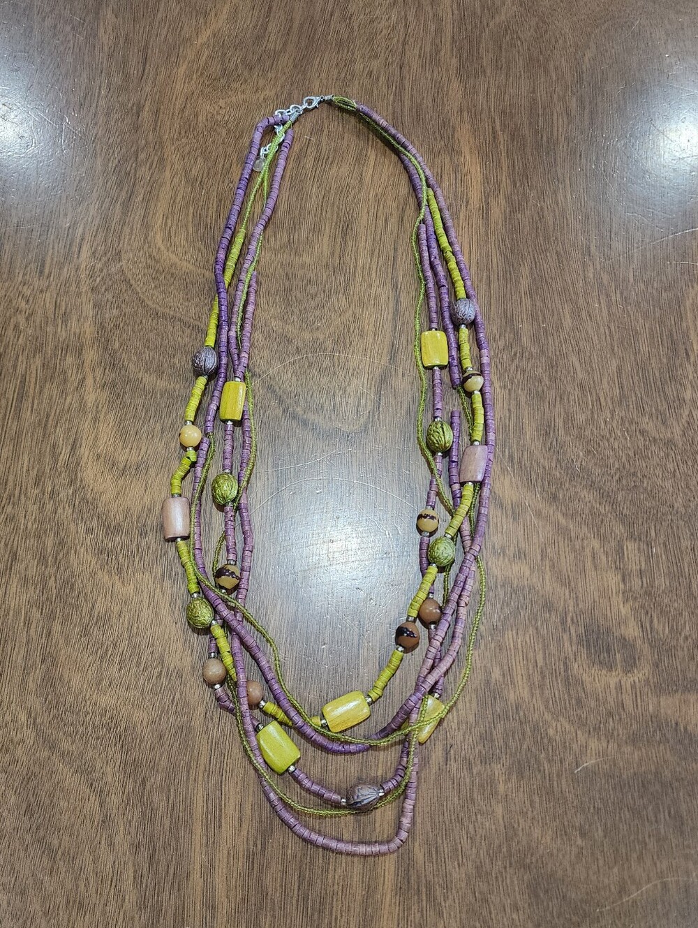 Multi Strand Layered Wood & Seed Bead Statement Necklace Boho Earthy